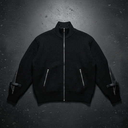 Metal Zipper Design Knitted Cardigan Sweater Belt Buckle Slicing Sweater Coat