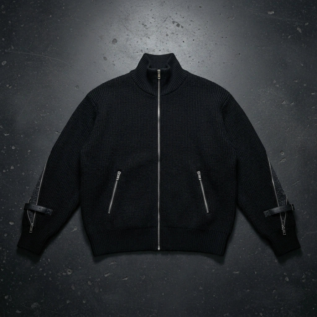 Metal Zipper Design Knitted Cardigan Sweater Belt Buckle Slicing Sweater Coat